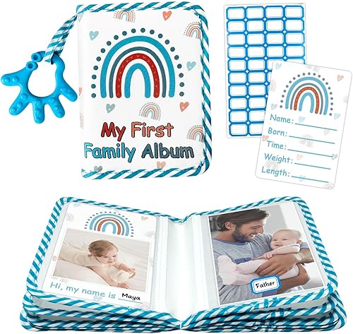 My First Family Photo Album for Baby, 4x6' Baby Photo Albums, Soft Toddler Photo Album with Milestone & Large Safety Mirror, Personalized Photo Album Kids Baby Shower Gifts(Blue Hand) - Jamouz