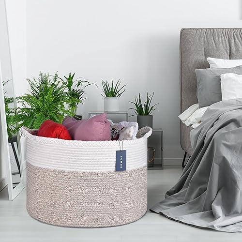 COMSE Extra Large Blanket Basket, Storage Basket, Laundry Basket, 21.7”x 13.8”, Laundry Hamper, Cotton Rope Basket, Blanket Basket Living Room, Toy Basket (White & Cadet Blue & Navy Blue) - Jamouz