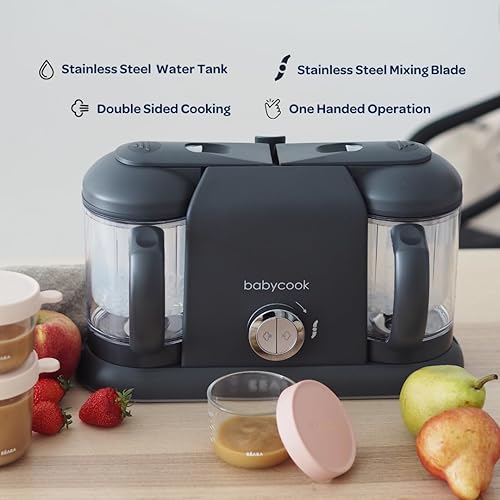 BEABA Babycook Duo 4 in 1 Baby Food Maker, Puree Steamer and Blender for Purees, Grinder with Auto Steam Cooking, Lrg 9.1 Cup Capacity, Makes 54 Servings in 20 Mins, Charcoal - Jamouz