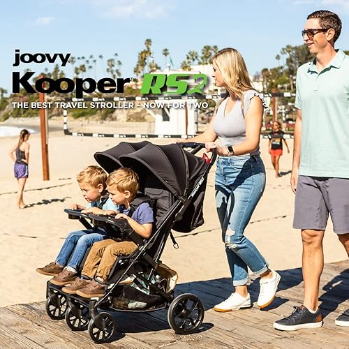 Joovy Kooper RS2 Lightweight Travel Double Stroller Featuring Dual Snack Trays, One-Handed Fold, Multi-Position Reclining Seats, Adjustable Leg Rests, and 2 Zippered Pockets for Storage - Jamouz