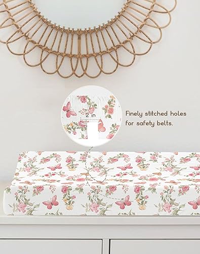 Changing Pad Cover for Baby Boy Girl 2 Pack, Muslin Changing Table Pad Covers with Boho Style, Neutral Nursery Bedding Essentials Soft and Breathable(Dusty Rose & Flower-A) - Jamouz