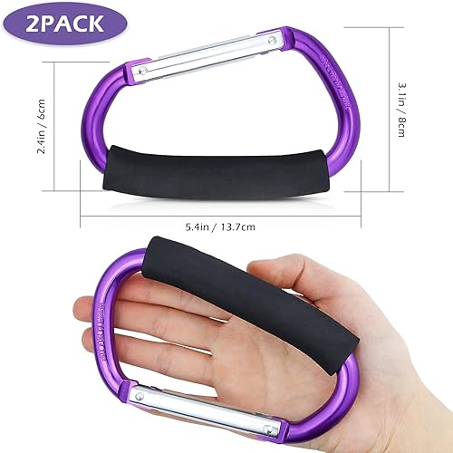 JIALEEY Strong Large Durable Buggy Carabiner Stroller Hooks Mummy Clip Pram Pushchair Grocery or Shopping and Plastic Bags Holder, 2 Pack Purple - Jamouz