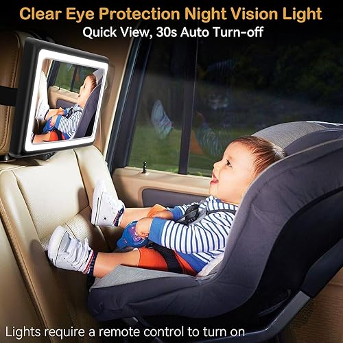 Baby Car Mirror with Light - Remote Control, 360° Adjustable, Shatter Resistant, Clear Night Vision, Easy Installation for Rear Facing Infants and Toddlers - Jamouz