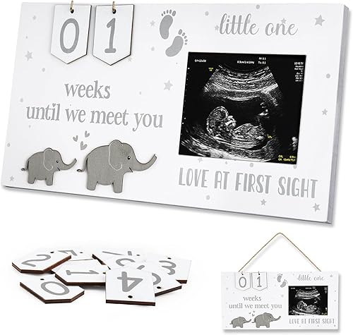 Baby Sonogram Picture Frame with Countdown Weeks for Gender Reveal Gifts Decorations, Baby Countdown Sonogram Frame for Expecting Mother's Day Gift, Love At First Heartbeat Frame Ultrasound - Jamouz