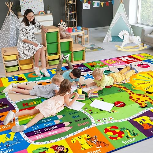 Large Playroom Rug Daycare Kids Rug 7x10,Educational and Fun Nursery Rug with ABC Alphabet Animals Classroom Rug Washable Kids Play Mat Baby Toddler Children Girls Rugs for Bedroom,Beige - Jamouz