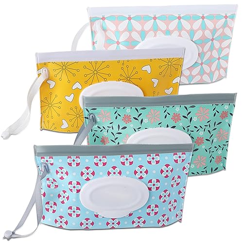 FEBSNOW 4 Pack Baby Wipe Dispenser, Portable Refillable Wipe Holder, Baby Wipes Container, Wipe Dispenser, Reusable Travel Wet Wipe Pouch (Geometric) - Jamouz