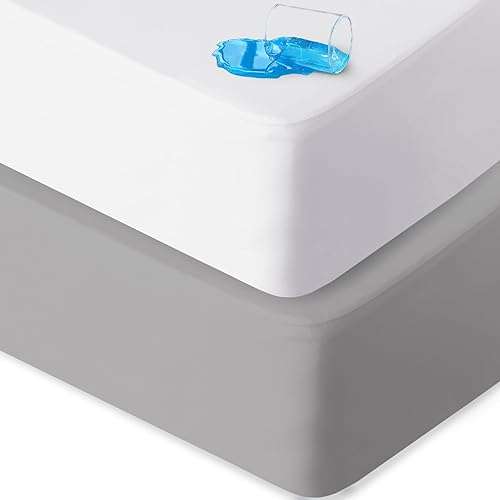 Biloban Pack and Play Sheets Waterproof 2 Pack Fitted, Compatible with Baby Graco/Dream On Me/Baby Trend/Pamo Babe Pack n Play/Playard and Other 38' X 26' Playpen Mattress, Grey & White - Jamouz