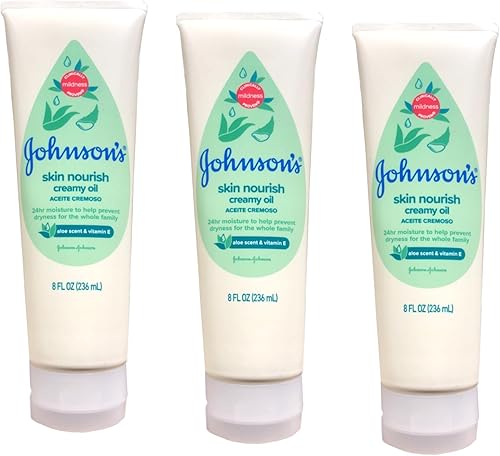 Johnson's Skin Nourish Creamy Oil, Aloe Scent & Vitamin E, Creamy Oil Helps Prevent Dryness & Moisturizes Baby's Delicate Skin for 24 Hours, Hypoallergenic & Non-Greasy, 8 fl. oz - Jamouz
