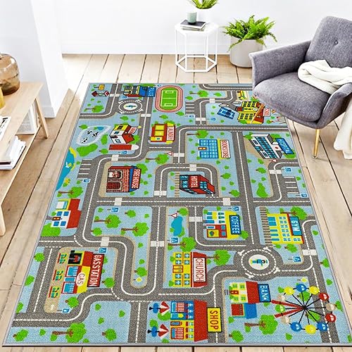 Educational Road Traffic Carpet Kids Carpet Playmat Car Rug Fun City Life Map Kids Car Rug Non Slip Play Carpet for Children Playroom Bedroom Classroom Decor (Sky Blue, 5'2''x3'3'') - Jamouz