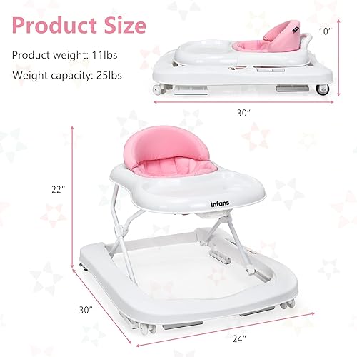 INFANS Foldable Baby Walker, 3 in 1 Toddler Walker Learning-Seated Walk-Behind for Boys and Girls, Adjustable Speed Rear Wheels, Safety Bumper, Detachable Seat Cover, Anti-Rollover (Pink) - Jamouz