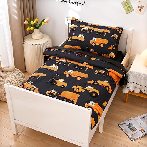 NTBED 4 Pieces Construction Toddler Bedding Set for Baby Boys,Tree Truck Vehicles Excavator Cars Printed, Includes Comforter, Flat Sheet, Fitted Sheet and Pillowcase,Light Grey - Jamouz