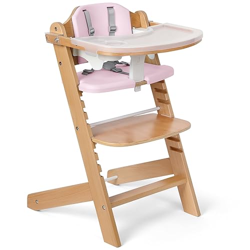 Cowiewie 3-in-1 Convertible Natural Wooden High Chair for Babies & Toddlers 3-Tier Remove & 2 Adjustable Wood Tray & 8 Levels Adjustable, 2 Waterproof Cozy Cushions Grey - Jamouz