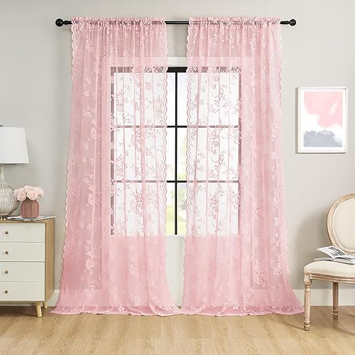 Baby Pink Lace Curtains 45 Inch Length 2 Panels set Romantic Flower Sheer Curtains for Cafe Kitchen Decor Rod Pocket Light Filtering Short Lace Curtains for Closet Kids Girls Room Small Window, 52x45 - Jamouz