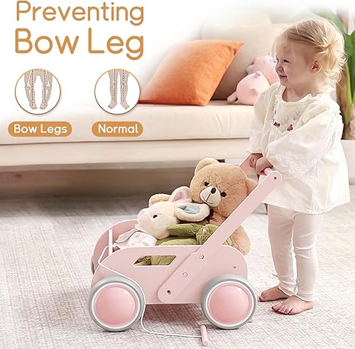 2025 HOMEKOL Wooden Baby Walker,Baby Push Walker, Adjustable Speed Baby Walker for Boys and Girls, Baby Activity Center, Gift for Birthday, Christmas and New Year Nature Pink - Jamouz