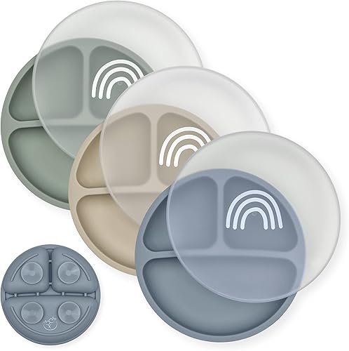 Hippypotamus Toddler Plates with Suction - 100% Food-Grade Silicone Baby Plates - Microwave & Dishwasher Safe - BPA Free - Set of 3 (Sage/Blush/Nude) - Jamouz