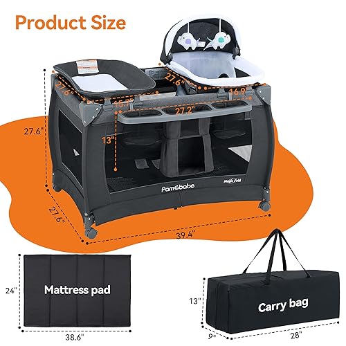 Pamo Babe 3-in-1 Baby Playard, Basic Magic Fold Nursery Center with Zip Door & Changing Table, One Second to Set Play Yard - Jamouz