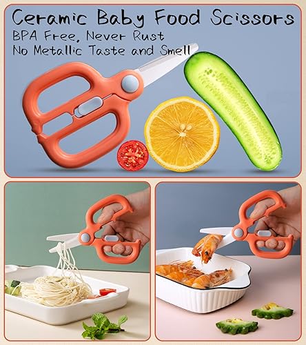 Baby Food Scissors with Travel Case, Ceramic Food Scissors Kids, Toddler Scissors with Safety Lock, Ideal for Pizza, Meats, Noodles, Vegetables, and Fruits (A) - Jamouz