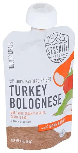 Serenity Kids Bone Broth Puree Made with Organic Veggies - Clean Label Project Purity Award Certified - 3.5 Ounce BPA-Free Pouch - Free Range Turkey Bolognese - 6 Count - Baby Food Turkey Bone Broth - Jamouz