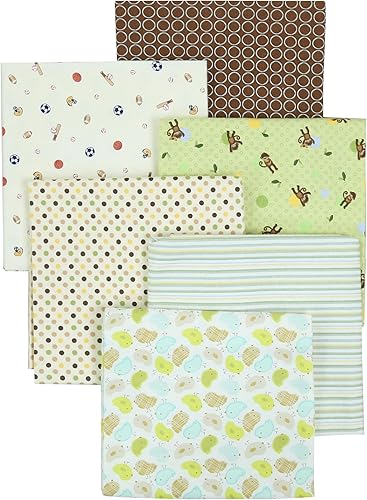 Danica Baby Cotton Flannel Receiving Blankets, 6-Pack 30'' x 38'' (Brown003, Blue Elephant Polka Dot Brown Circle Green Monkey Sports) - Jamouz