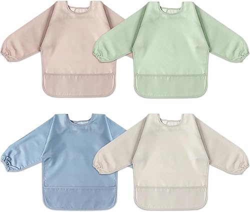 4 Pack Long Sleeve Bib, Waterproof Sleeved Smock for Baby Boy or Girl, Toddler Full Sleeve Bib Outfit, Reusable Bib with Pocket, Fits Ages 6-24 Months - Jamouz