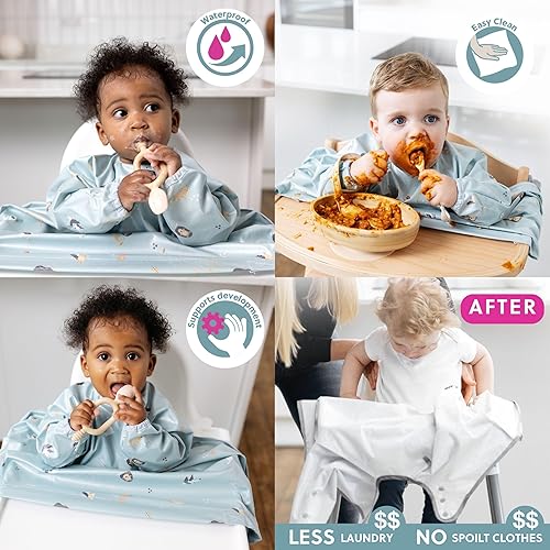 BIBaDO - Long Sleeve Baby Bibs - Babies & Toddlers 6-36 Months - Coverall Baby Led Weaning Bib - Easy Wipe, Soft & Waterproof - Jamouz