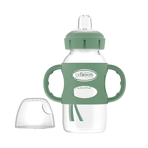 Dr. Brown's Milestones Wide-Neck Sippy Spout Bottle with 100% Silicone Handles, Easy-Grip Handles with Soft Sippy Spout, 9oz/270mL, Green & Gray, 2-Pack, 6m+ - Jamouz