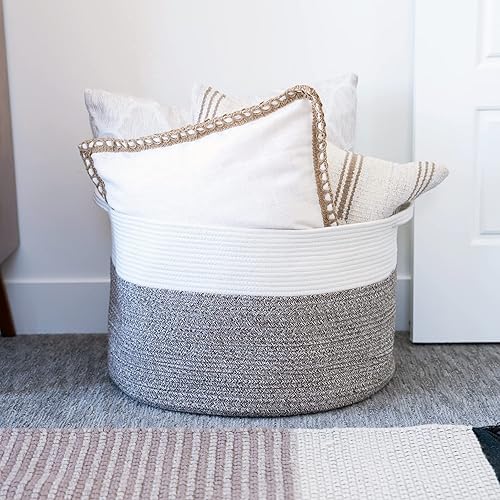 Little Hippo XXXL Large Cotton Rope Basket (22'x14') 100% Natural Cotton! Rope Basket, Woven Storage Basket, Large Basket, Blanket Basket Living Room, Toy Basket, Pillow Basket (White & Brown) - Jamouz