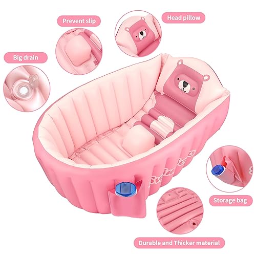 Inflatable Baby Bath Tub Portable Foldable Travel Mini Swimming Pool Helps Infants to Toddler Tub (Pink) - Jamouz