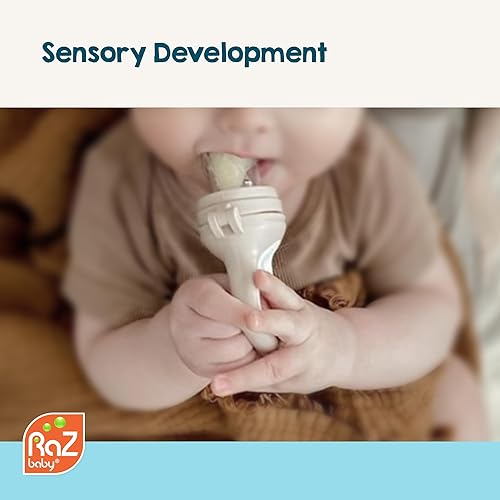 RaZbaby Baby Solids/Frozen Fruit Feeder Pacifier, Infant Teether Toy 6M+, BPA-Free Silicone Pouch & Nipple, Safely Introduce Solids, Teething Relief, Dishwasher Safe, 2-Pack – Orange/Blue + Green/Blue - Jamouz