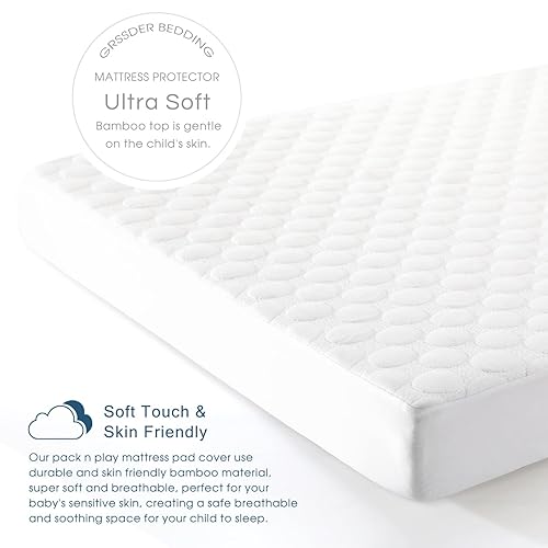 GRSSDER Waterproof Pack and Play Mattress Protector, Extra Soft and Breathable Pack n Play Sheets, Machine Washable Mini Crib Mattress Pad Cover for Size 39' x 27', White Circular Pattern - Jamouz