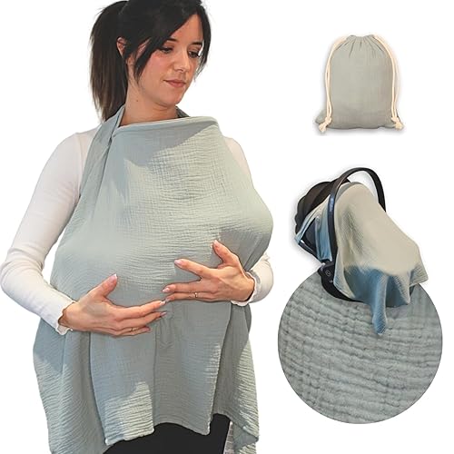 Nursing Cover for Breastfeeding Mom With Removable Hoop - Soft and Breathable 100% Cotton, Baby Breast Feeding Essentials, Newborn Must Haves Accessories, Nursery Clothes, Lagoon - Jamouz
