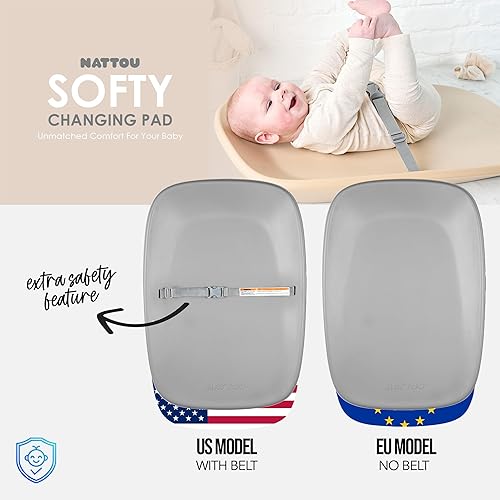 Nattou Softy Changing Pad - Wipeable Baby Changing Mat- Durable, Water-Resistant, Cocoon Shape with Honeycomb Bottom Grips BPA-Free, Assimilates Room Temperature - Grey - Jamouz