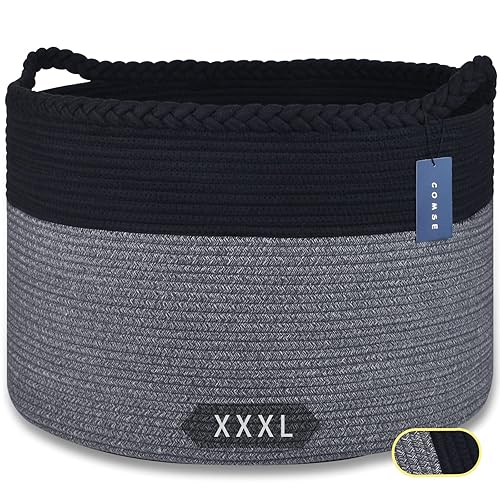COMSE Extra Large Blanket Basket, Storage Basket, Laundry Basket, 21.7”x 13.8”, Laundry Hamper, Cotton Rope Basket, Blanket Basket Living Room, Toy Basket (White & Cadet Blue & Navy Blue) - Jamouz