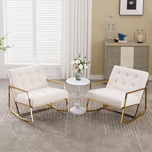 Rocking Recliner Chairs Set of 2, Linen Upholstered Glider Rocker with Gold Metal Base Wide Comfy Reading Chair Modern Nursery Accent Sofa Chair for Living Room Bedroom Indoor, Beige - Jamouz