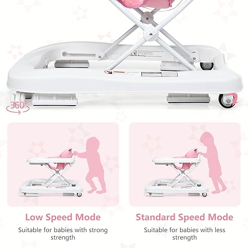 INFANS Foldable Baby Walker, 3 in 1 Toddler Walker Learning-Seated Walk-Behind for Boys and Girls, Adjustable Speed Rear Wheels, Safety Bumper, Detachable Seat Cover, Anti-Rollover (Pink) - Jamouz