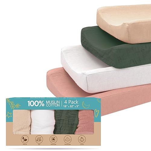 100% Muslin Changing Pad Cover Pack of 4-32x16 Ultra Soft 120GSM Baby Changing Pad Covers for Girls and Boys - Easy wash Diaper Changing pad Cover with Low Shrinkage - Jamouz