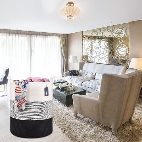 COMSE Extra Large Blanket Basket, High Storage Basket, Tall Rope Laundry Basket, 15.7”x 21.7”, Cotton Rope Basket, XXXL Laundry Basket, Toy Basket, Clothes Baskets,White/Cadet Blue/Navy Blue - Jamouz