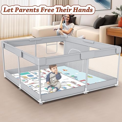 Baby Playpen with Mat 74x50 inch, Playpen for Babies and Toddlers, Baby Play Pen Design with External Zipper Gate, Baby Play Yard with Non-Slip Suction Cups on The Bottom, Baby Fence, Grey - Jamouz