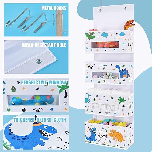 WERNNSAI Dinosaur Over Door Hanging Organizer - Behind Door Storage with 4 Clear Window Pockets for Baby Boys Room Organization Toy Diaper Closet Pantry Bedroom Bathroom Nursery Decor - Jamouz