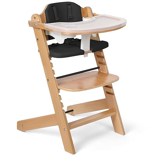 Cowiewie 3-in-1 Convertible Natural Wooden High Chair for Babies & Toddlers 3-Tier Remove & 2 Adjustable Wood Tray & 8 Levels Adjustable, 2 Waterproof Cozy Cushions Grey - Jamouz