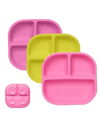 BABELIO Powerful Suction Plates for Baby and Toddler, 100% Food Grand Silicone, Divided, BPA Free, Microwave & Dishwasher Safe, Stay Put, 3 Pack - Jamouz