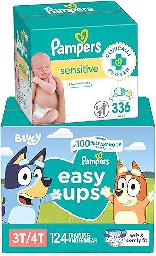 Pampers Easy Ups Bluey Pull On Training Pants Boys and Girls, 4T-5T, 104 Count with Sensitive Water Based Baby Wipes 4X Pop-Top Packs (336 Count) - Jamouz