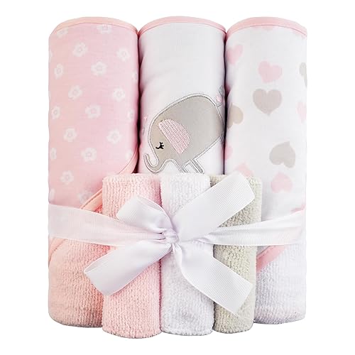 Viviland Baby Towels and Washcloths, Soft Absorbent Pink Baby Bath Towel Set, Elephant Hooded Towels with 5 Infant Face Washcloths (6 Pieces) - Jamouz