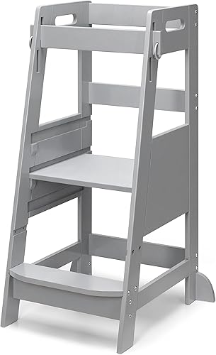 TOETOL Bamboo Toddler Kitchen Step Stool White Helper Standing Tower Height Adjustable with Anti-Slip Protection for Kids Kitchen Counter Learning - Jamouz