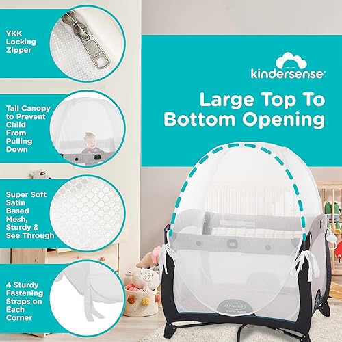 KinderSense - Pack N Play Tent Baby Safety Crib Net - Toddler Crib Topper for Playpens & Mini Cribs to Keep Baby from Climbing Out - Breathable Mesh Pop up Net - Mosquito Net Canopy Upgraded - Jamouz