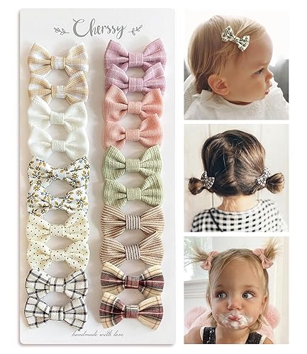 Baby Girls Hair Bow Clips, 20pcs Boutique Cotton Fully Lined Hair Pins, Non Slip Baby Barrettes Accessories for Infants Toddlers Fine Hair by Cherssy - Jamouz