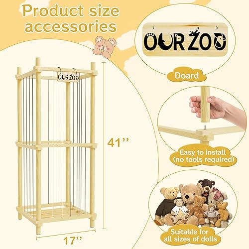 Stuffed Animal Zoo Storage Cage Wooden, 41''(3.4ft) Wood Large Stuffed Animal Storage Basket, Toy Storage for Big Stuffed Animals, Large Toy Chest for Kids Girls Boys Toy Organizer Holder - Jamouz