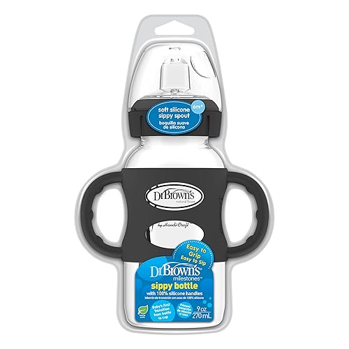 Dr. Brown's Milestones Wide-Neck Sippy Spout Bottle with 100% Silicone Handles, Easy-Grip Handles with Soft Sippy Spout, 9oz/270mL, Green & Gray, 2-Pack, 6m+ - Jamouz