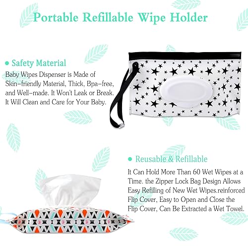 FEBSNOW 4 Pack Baby Wipe Dispenser, Portable Refillable Wipe Holder, Baby Wipes Container, Wipe Dispenser, Reusable Travel Wet Wipe Pouch (Geometric) - Jamouz