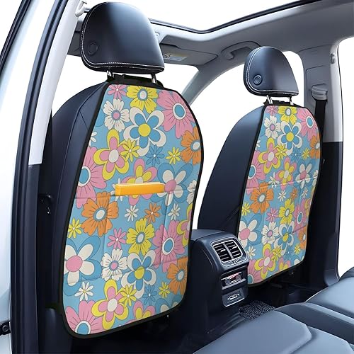 Vintage Groovy Flowers Car Kick Mats Back Seat Protector 2 Pack Auto Seat Back Covers with 3 Organizer Travel Accessories Universal Vehicle Interior from Dirt, Mud - Jamouz